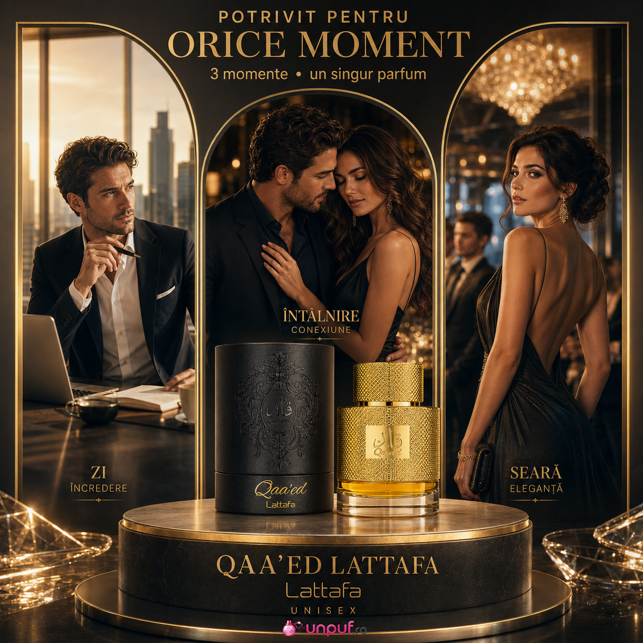 Qaa&rsquo;ed Lattafa parfum unisex potrivit pentru zi, seară, &icirc;nt&acirc;lniri, evenimente și sezon rece